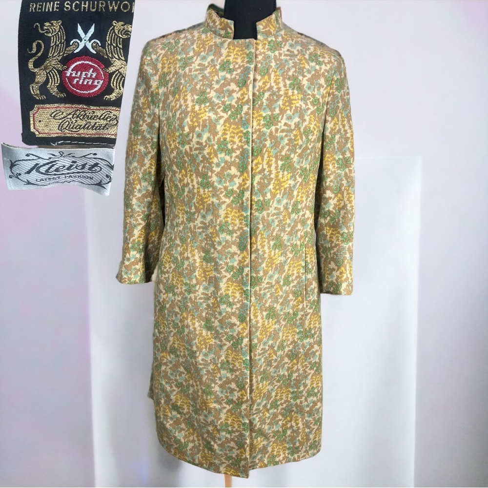 VTG 1960's KLEIST Latest Fashion Cream Yellow Green & Brown Wool Nehru Coat